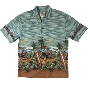 KY’s Hawaiian Aloha Shirt Mens L Surf Motorcycle Biker Button Up Short Sleeve